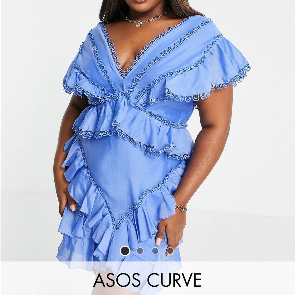 ASOS DESIGN Curve Lace trim structured mini dress
with ruffle detail